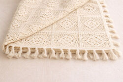 Скатертина бавовняна в'язане мереживо з китицями 150*220см, Boho Crochet, колір - натуральний беж - 0 