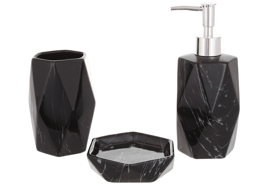 Набір для ванної кімнати (3 предмети) дозатор для мила, склянка для зубних щіток та мильниця, дизайн - чорний мармур 851-318 оптом