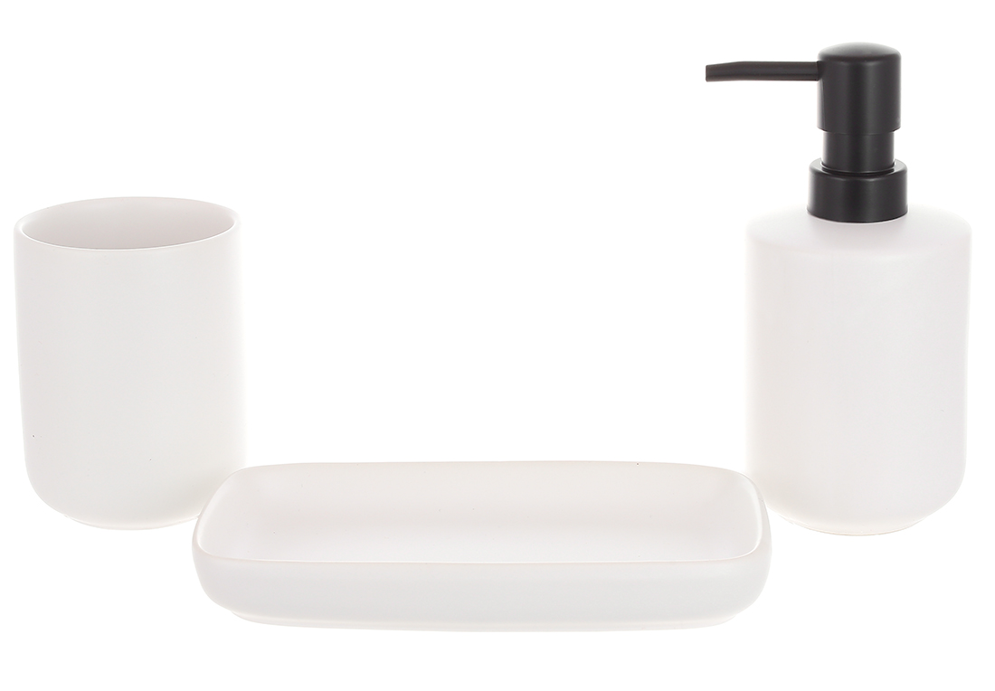 Набір для ванної кімнати (3 предмети) дозатор для мила, склянка для зубних щіток та мильниця, дизайн - білий з чорним дозатором 851-327 оптом