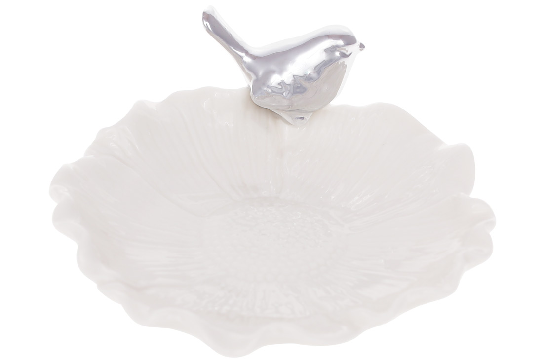 Декоративна підставка для прикрас Квітка зі срібною пташкою, 12см, колір - білий 727-391 оптом