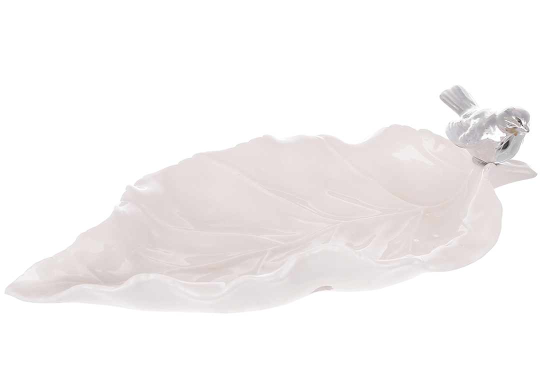 Декоративна тарілочка для прикрас у формі листа зі срібною Пташкою, 20.5см, колір - білий 727-522 оптом