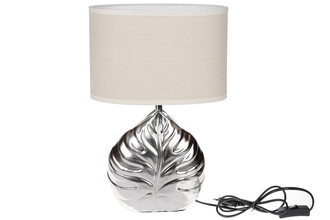 Лампа настільна з керамічною основою та овальним тканинним абажуром Лист Монстери, 38,5см, колір - срібло 491-332 оптом