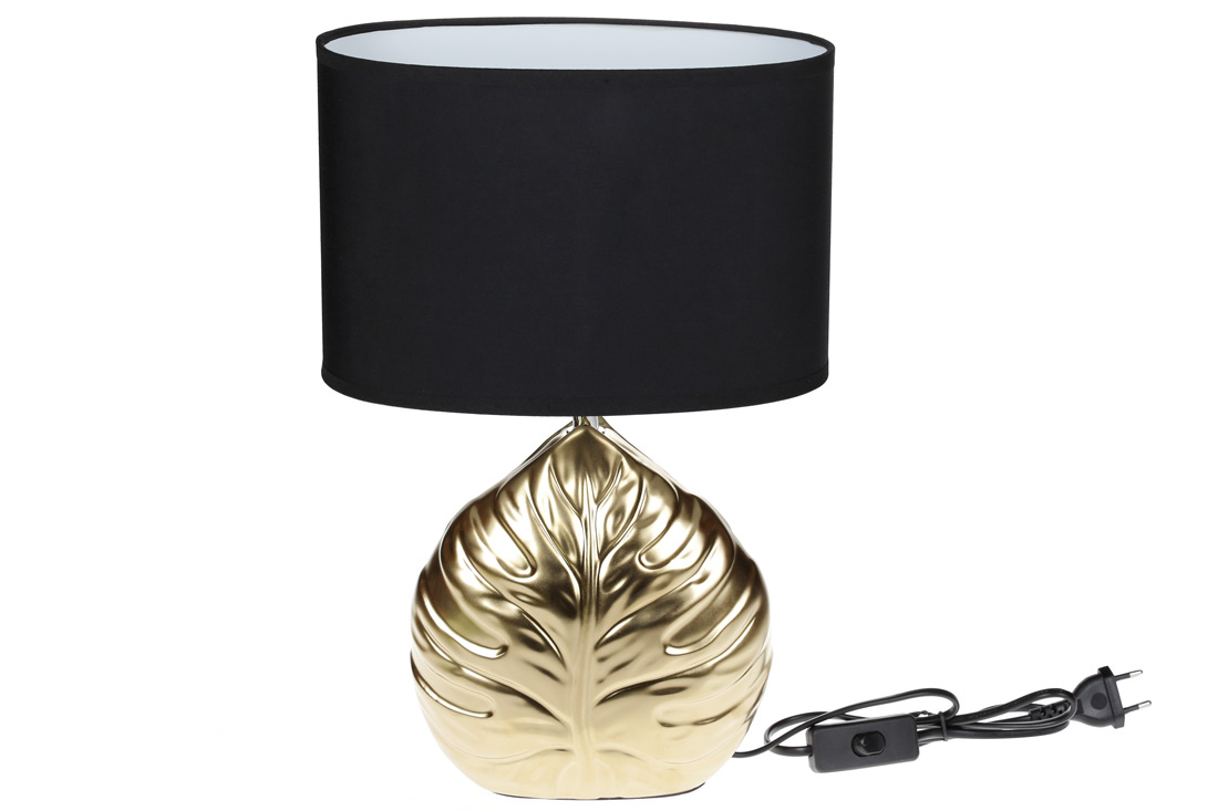 Лампа настільна з керамічною основою та овальним тканинним абажуром Лист Монстери, 38,5см, колір - золото з чорним 491-333 оптом