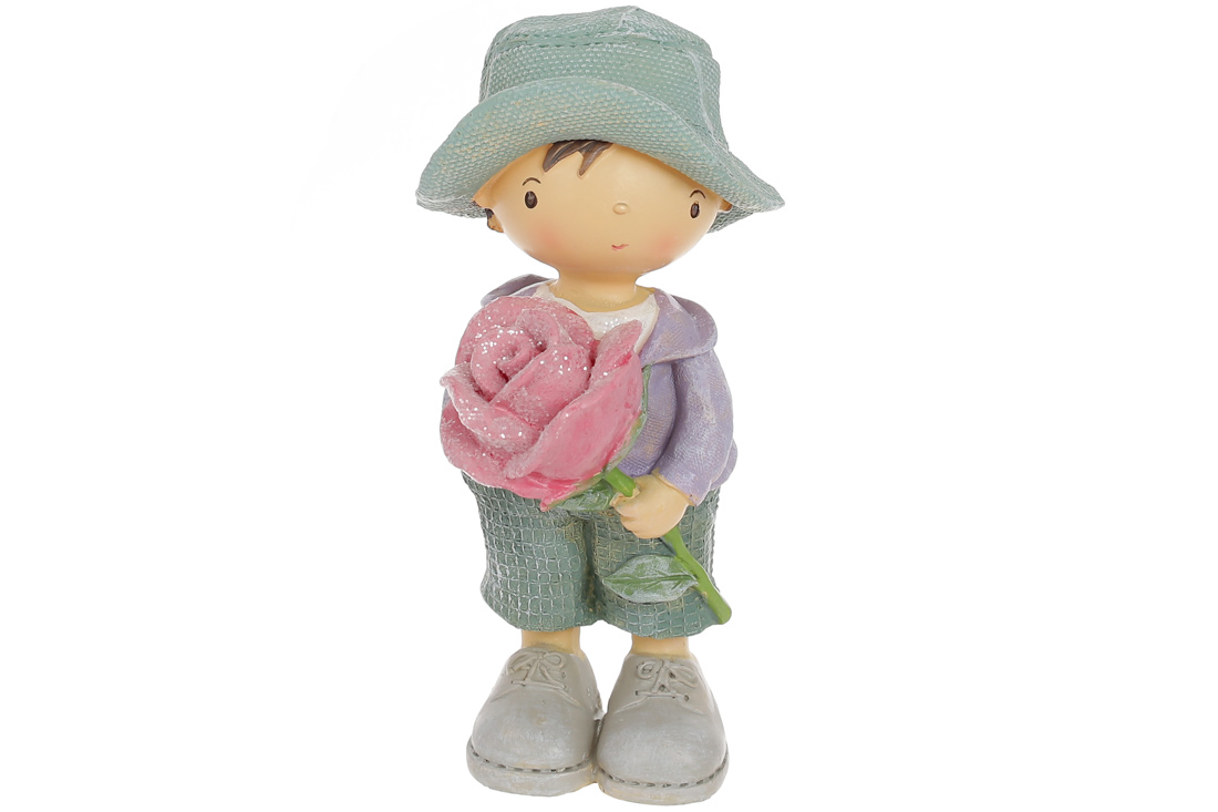 Декоративна статуетка хлопчик з розою, 17см, колір - блакитний з рожевим