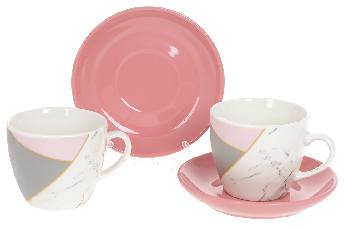 Кавовий набір порцеляновий: 2 чашки 240мл + 2 блюдця, колір - рожевий з білим 905-255 оптом