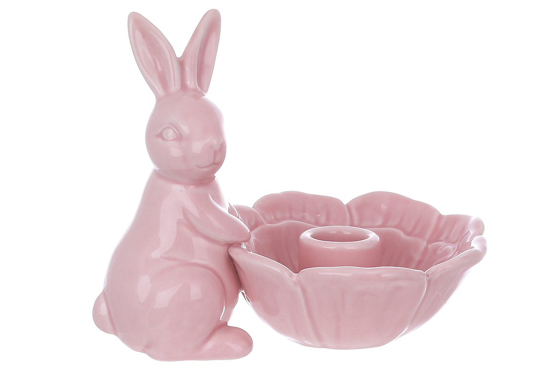 Свічник керамічний Кролик з квіткою, 13см, колір рожевий