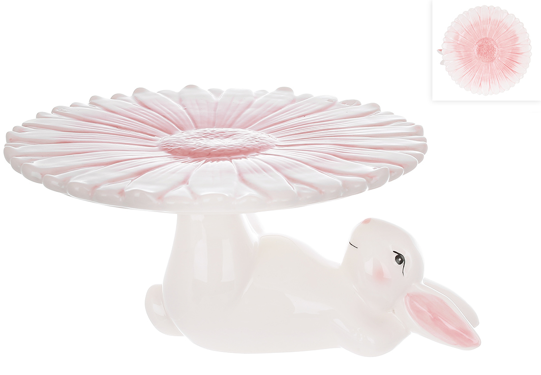 Підставка для паски/торта керамічна Кролик з квіткою, D22.8*12см, колір - білий з рожевим 733-581