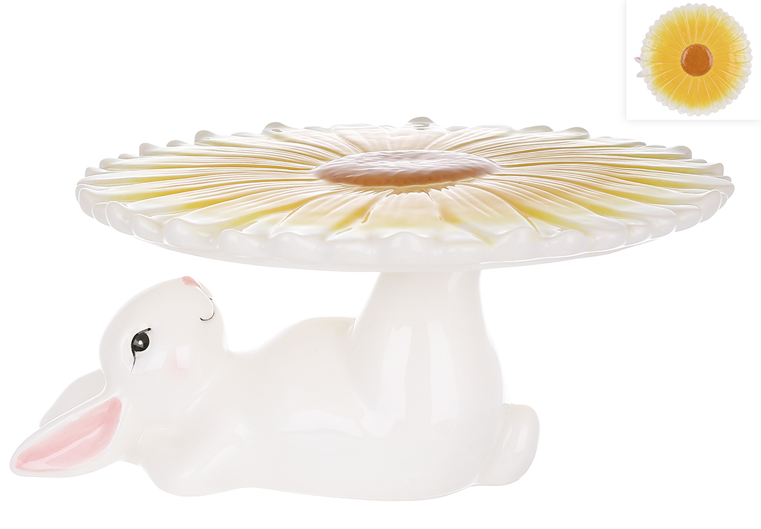 Підставка для паски/торта керамічна Кролик з квіткою, D22.8*12см, колір - білий з жовтим 733-582