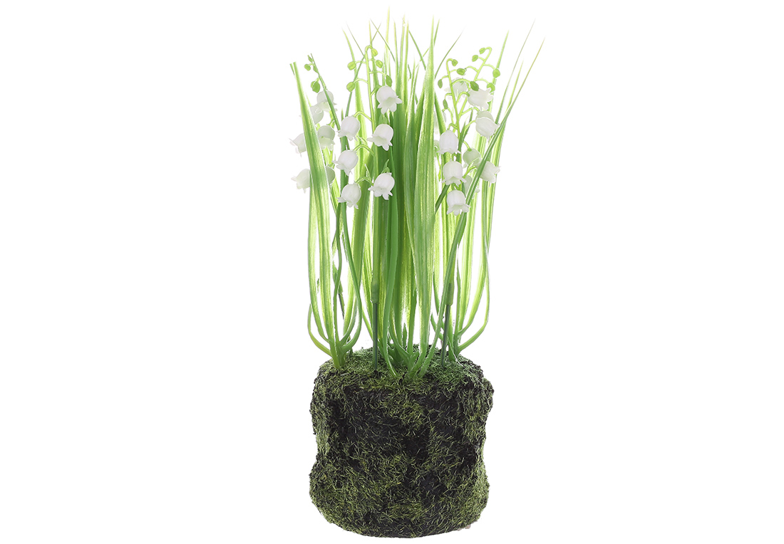 Декоративна композиція Конвалії зі штучним мохом, матеріал-пластик, 22см, колір-білий із зеленим 714-127