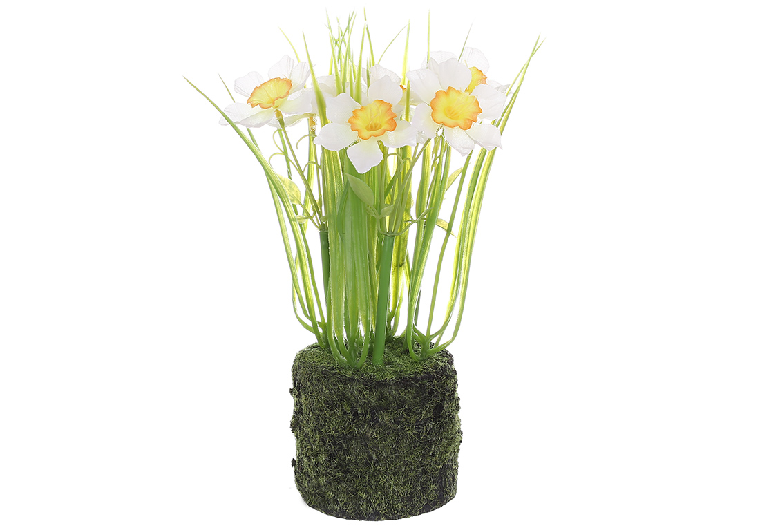 Декоративна композиція Нарциси зі штучним мохом, матеріал-пластик, 22см, колір-білий із зеленим 714-128 оптом