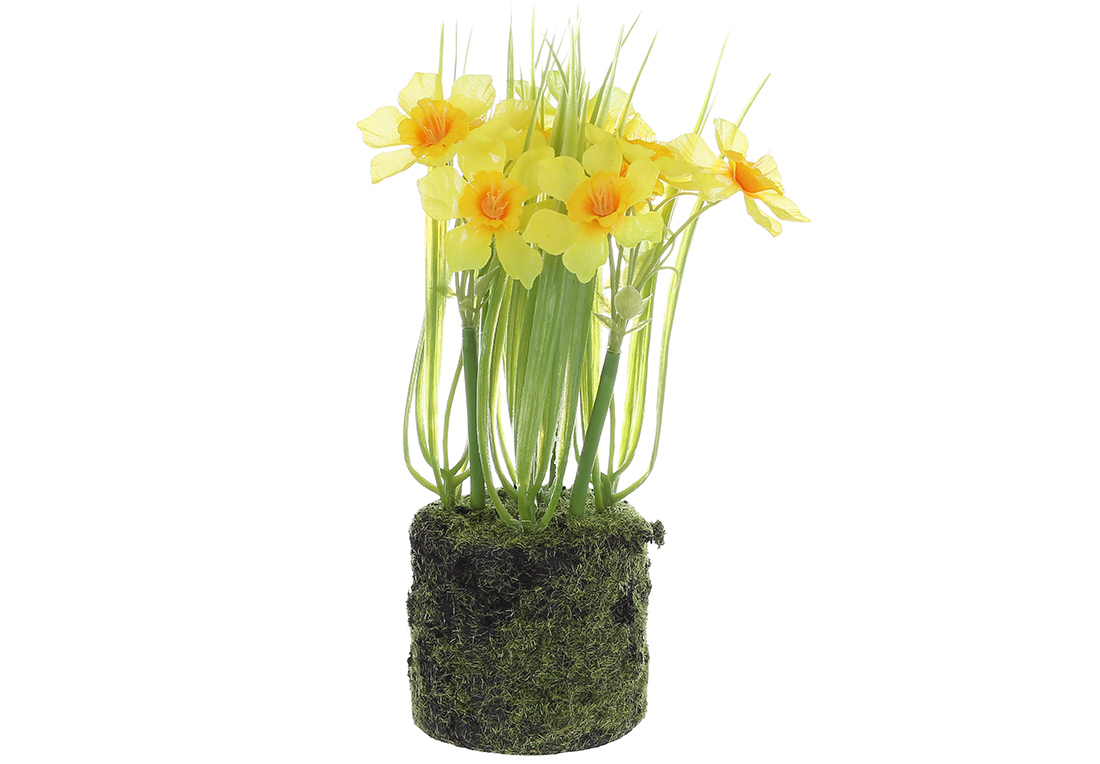 Декоративна композиція Нарциси зі штучним мохом, матеріал-пластик, 22см, колір-жовтий із зеленим 714-129
