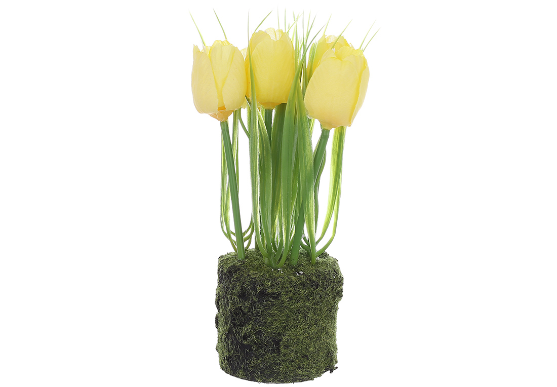 Декоративна композиція Тюльпани зі штучним мохом, матеріал-пластик, 22см, колір-жовтий із зеленим 714-130 оптом