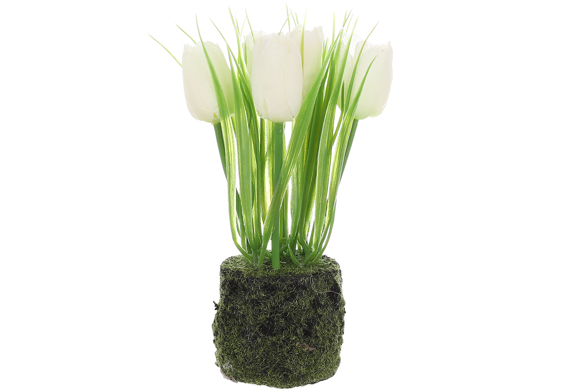 Декоративна композиція Тюльпани зі штучним мохом, матеріал-пластик, 22см, колір-білий із зеленим 714-131 оптом