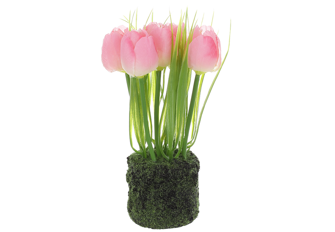 Декоративна композиція Тюльпани зі штучним мохом, матеріал-пластик, 22см, колір-рожевий із зеленим 714-132 оптом