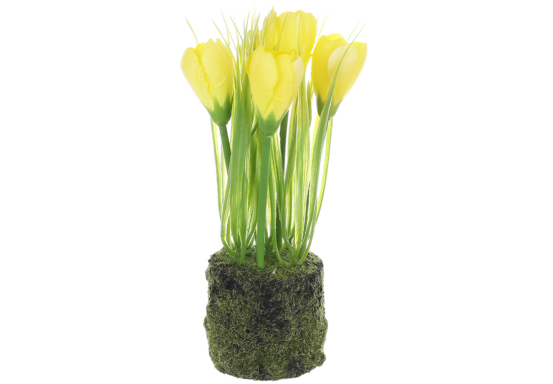 Декоративна композиція Крокуси зі штучним мохом, матеріал-пластик, 22см, колір-жовтий із зеленим 714-134