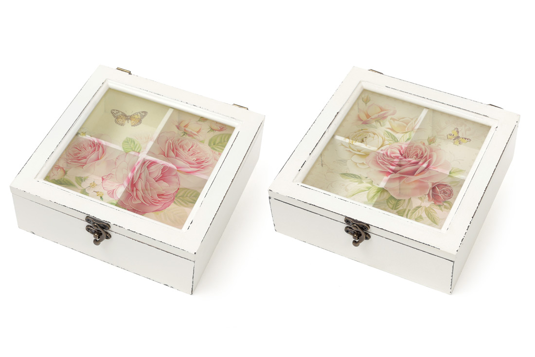 Коробка для чаю дерев'яна зі скляною кришкою Квіти, колір - зістарений білий 487-310 оптом