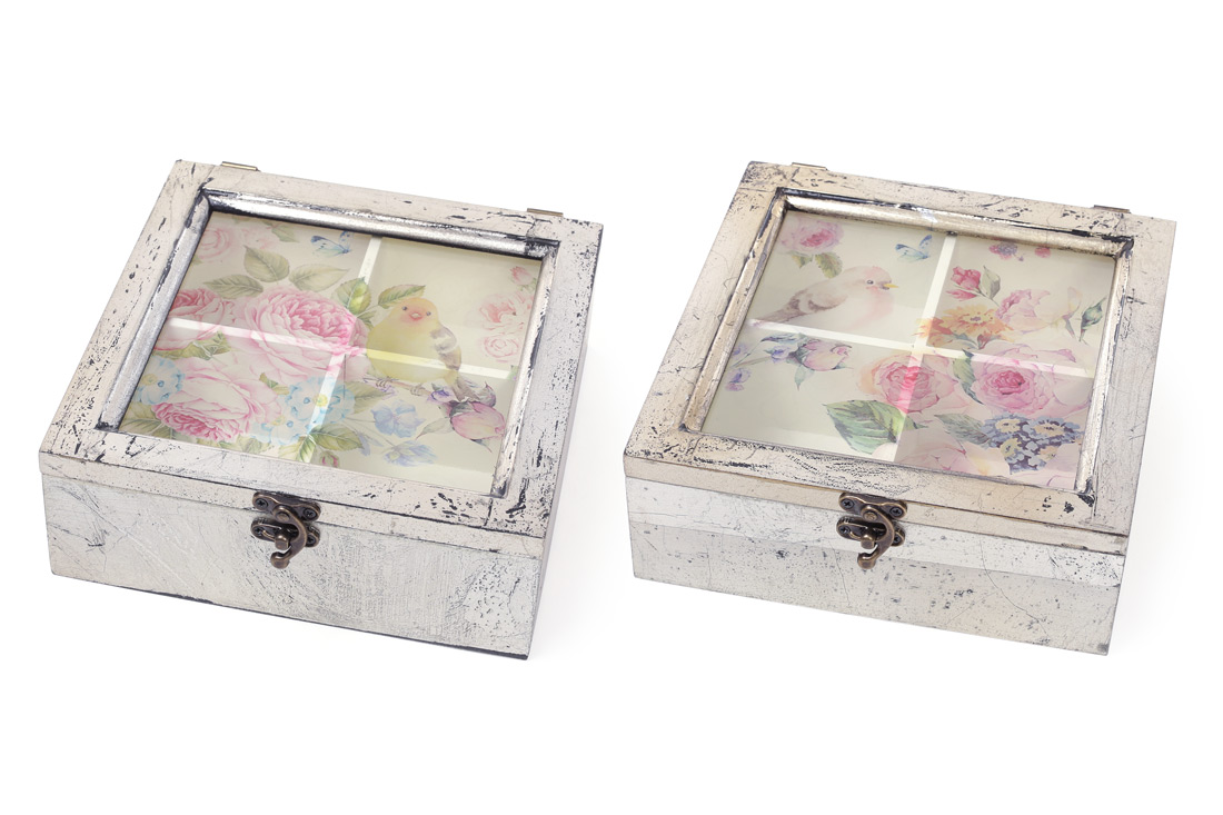 Коробка для чаю дерев'яна зі скляною кришкою Птахи, колір - срібло антик 487-311 оптом