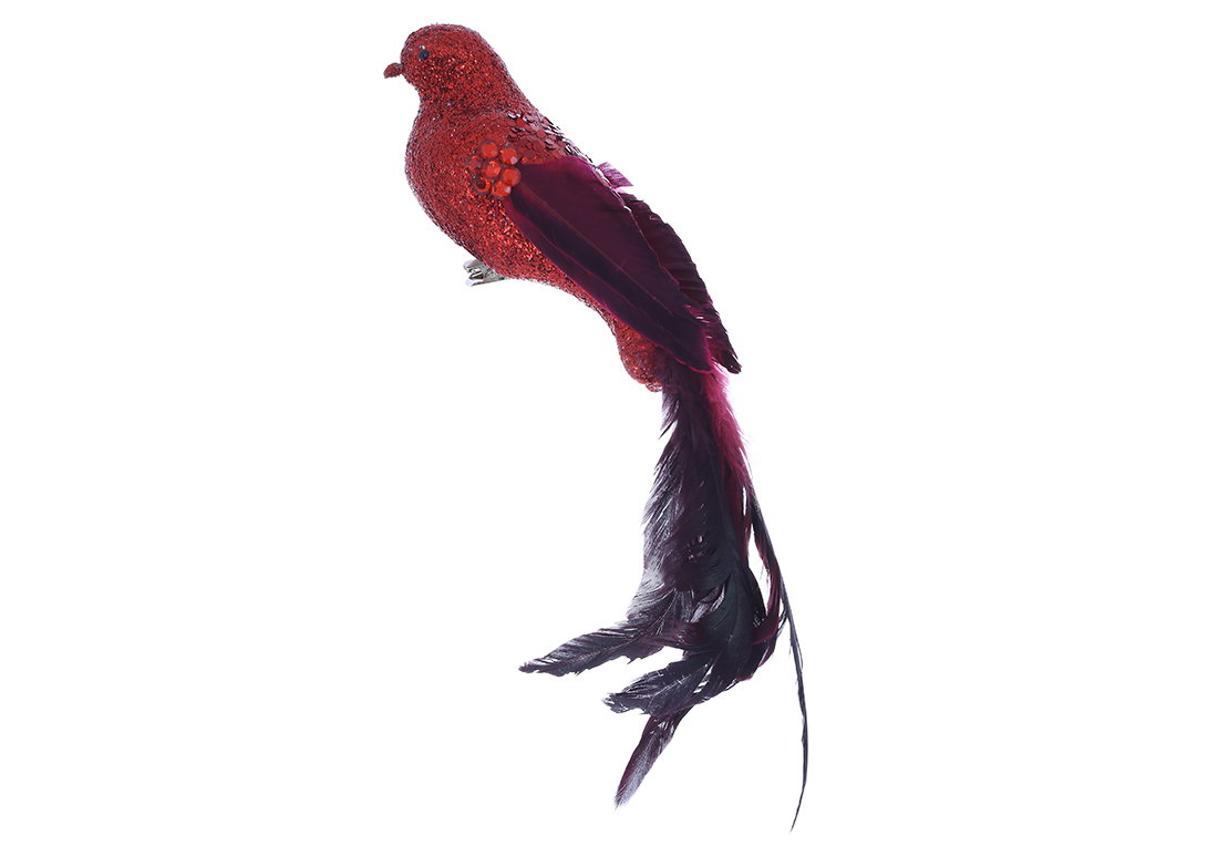 Декоративний птах на кліпсі 35см, колір - червоний з чорним 499-121 оптом