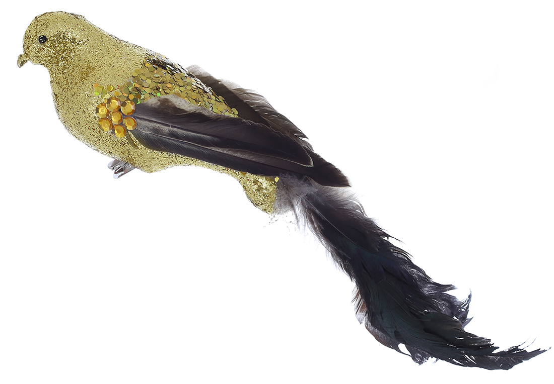 Декоративний птах на кліпсі 35см, колір - золото з чорним 499-122 оптом