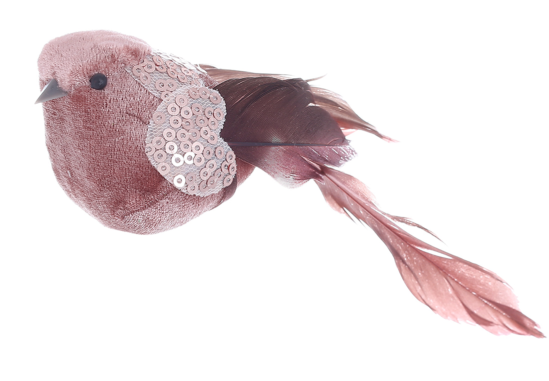 Декоративний птах на кліпсі 16см з декором з паєток, колір - рожевий 499-125 оптом