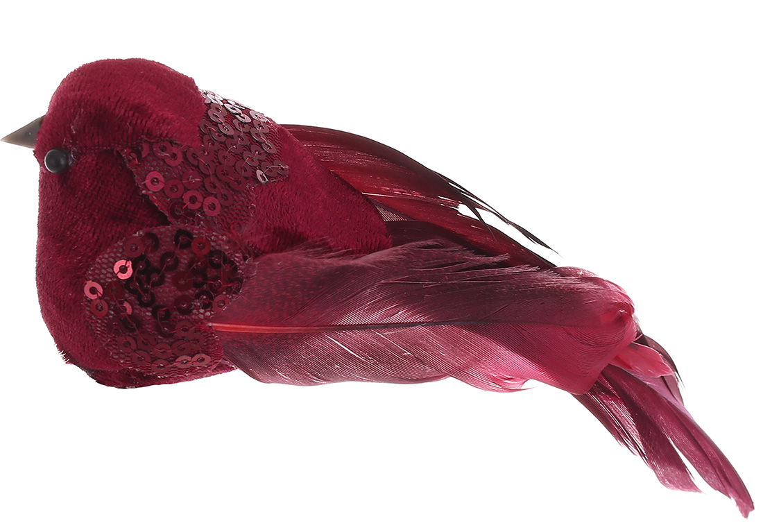 Декоративний птах на кліпсі 16см з декором з паєток, колір - червоний 499-127 оптом