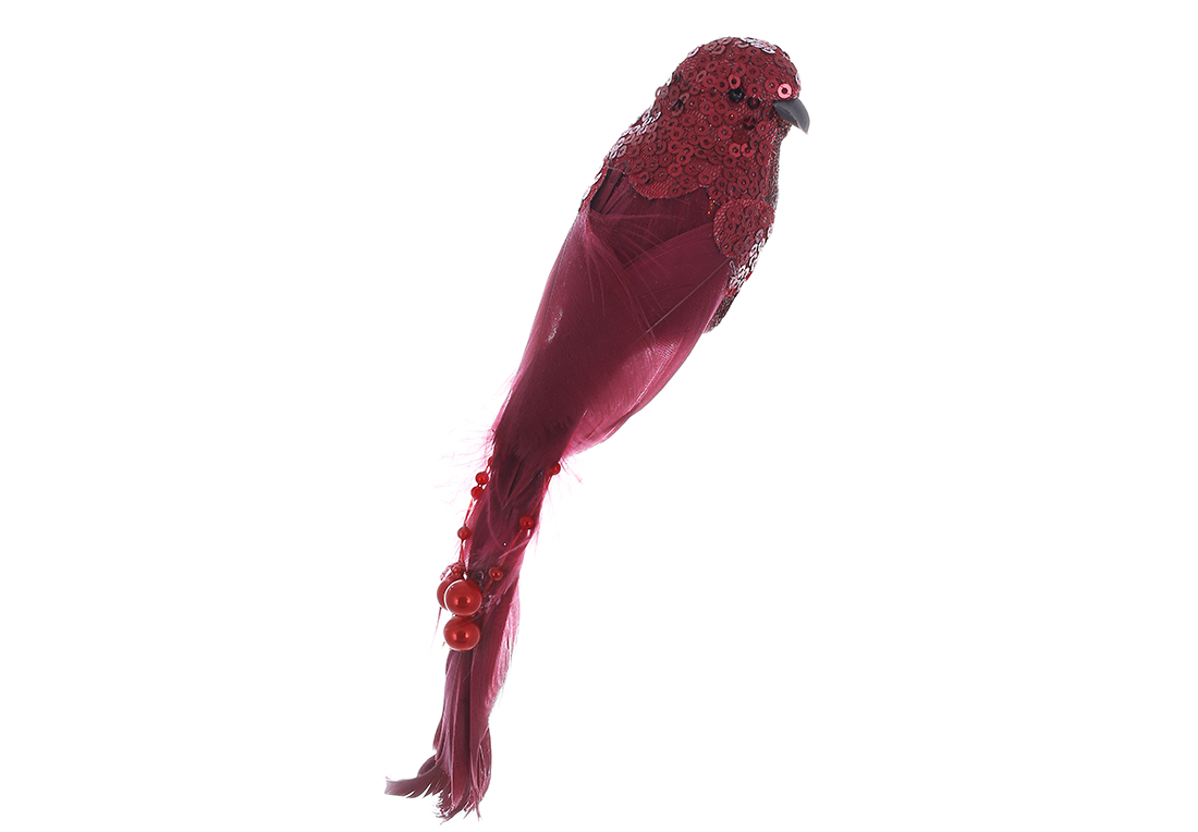 Декоративний птах на кліпсі 22см з декором з паєток і намистин, колір - червоний 499-129 оптом