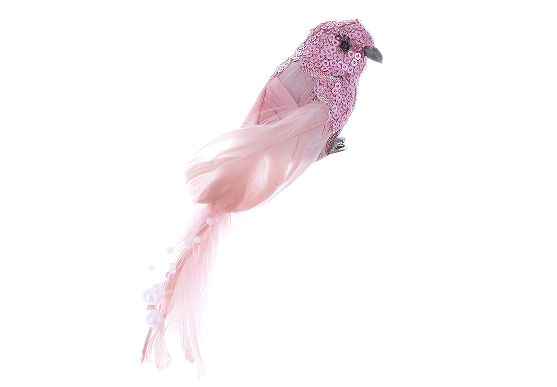Декоративний птах на кліпсі 22см з декором з паєток і намистин, колір - рожевий 499-130 оптом