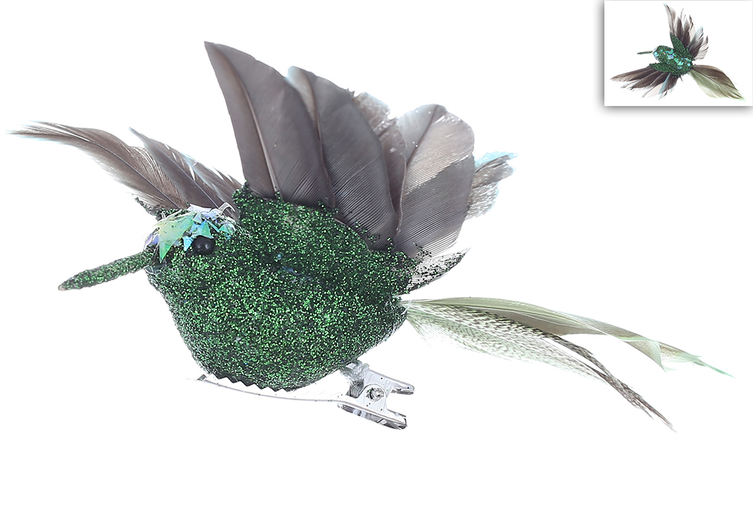 Декоративний птах на кліпсі Колібрі 11,5 см, колір - зелений 499-138 оптом