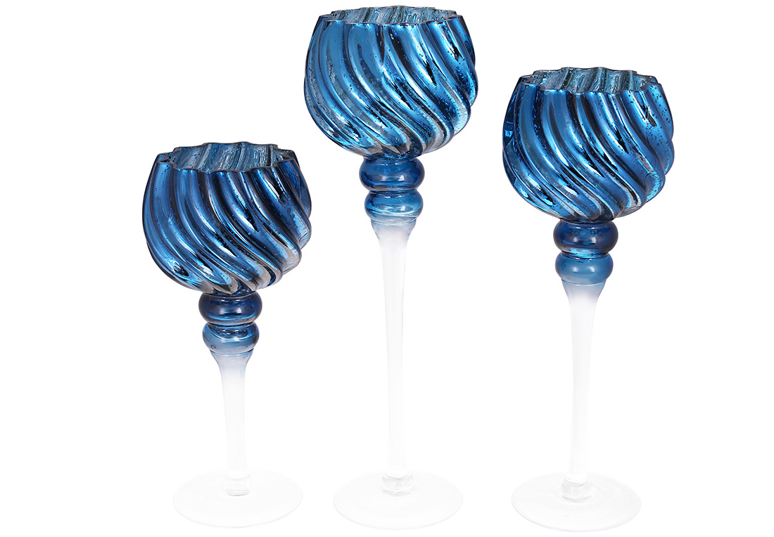 Набір (3 шт) скляних свічників, 30/35/40см, колір - синій блюмарин 527-774 оптом