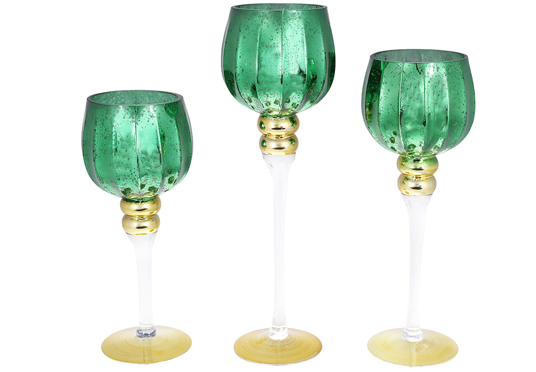 Набір (3 шт) скляних свічників, 30/35/40см, колір - смарагдово-зелений із золотом 527-777 оптом