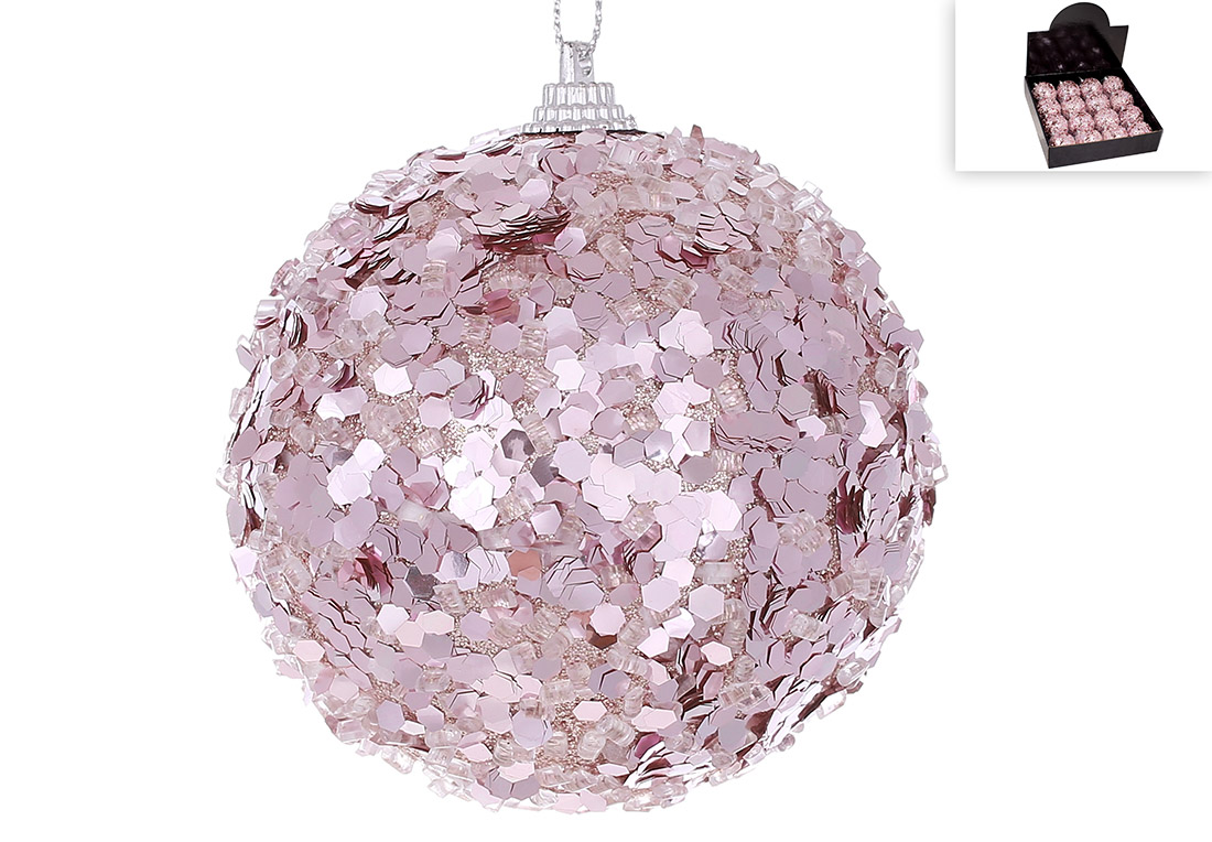 Ялинкова куля з декором з великого гліттера 8см, колір - рожевий 182-037 оптом