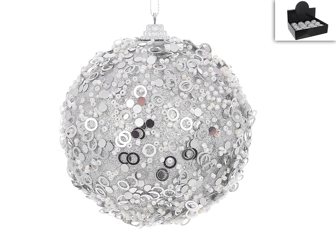 Ялочий шар з декором з гліттера 10см, колір - срібло 182-189 оптом