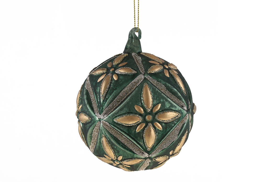 Ялинкова куля з рельєфним орнаментом 10см, колір - зелений із золотом 108-117 оптом