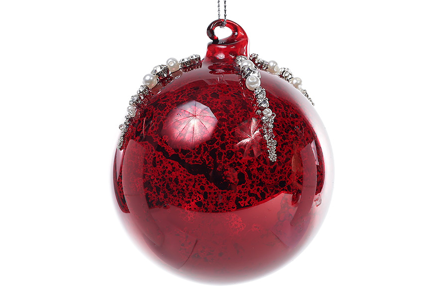Ялинкова куля 8см червоний антик з декором зі страз та намистин 118-570 оптом