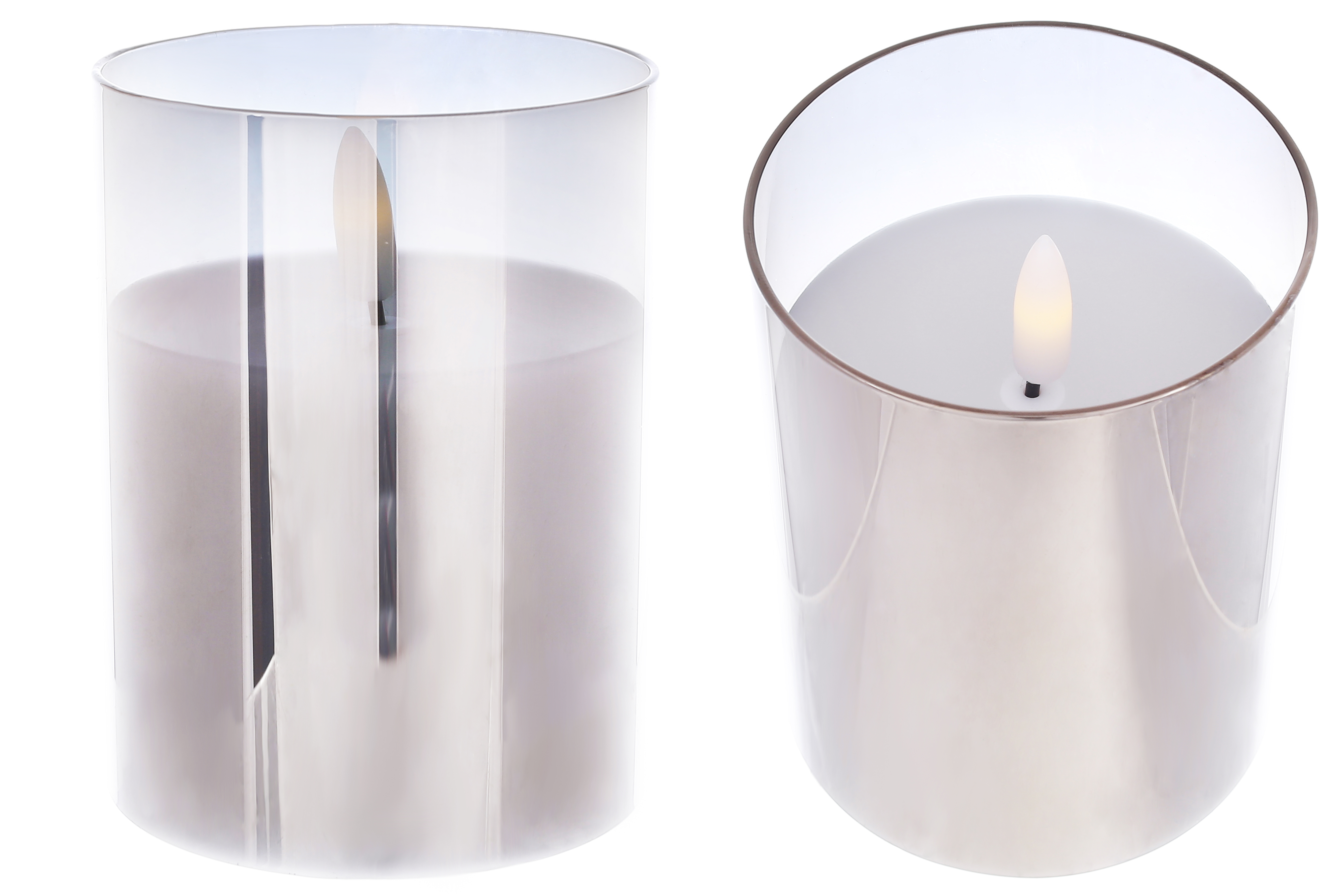 Світлодіодна воскова свічка у скляній колбі 7.5*10см з живим полум'ям (2хАА не входять до комплекту), тепле біле світло, колір скла - димчастий сірий