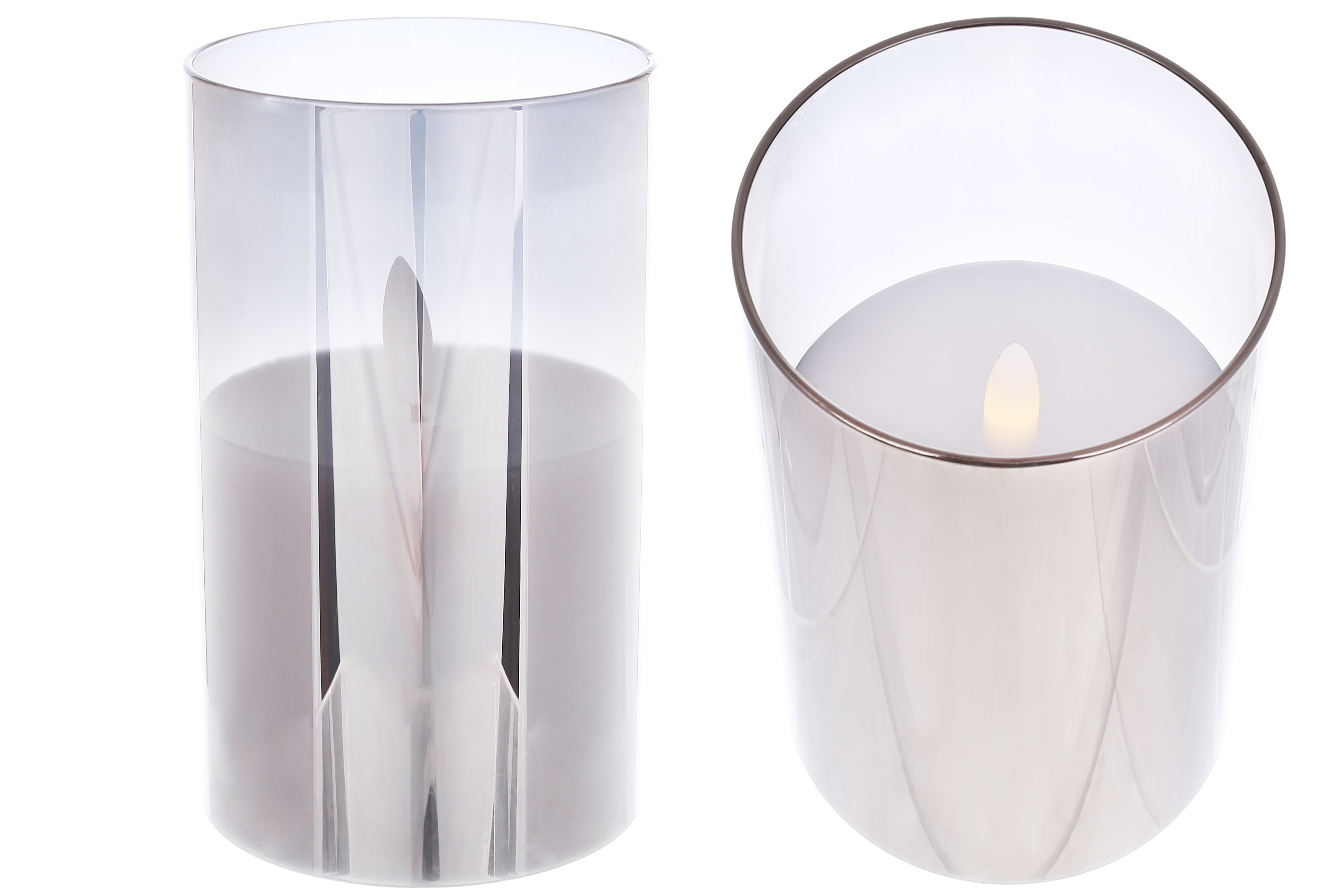 Світлодіодна воскова свічка в скляній колбі 7.5*12.5см з живим полум'ям (2хАА не входять до комплекту), тепле біле світло, колір скла - димчастий сіри 882-137 оптом