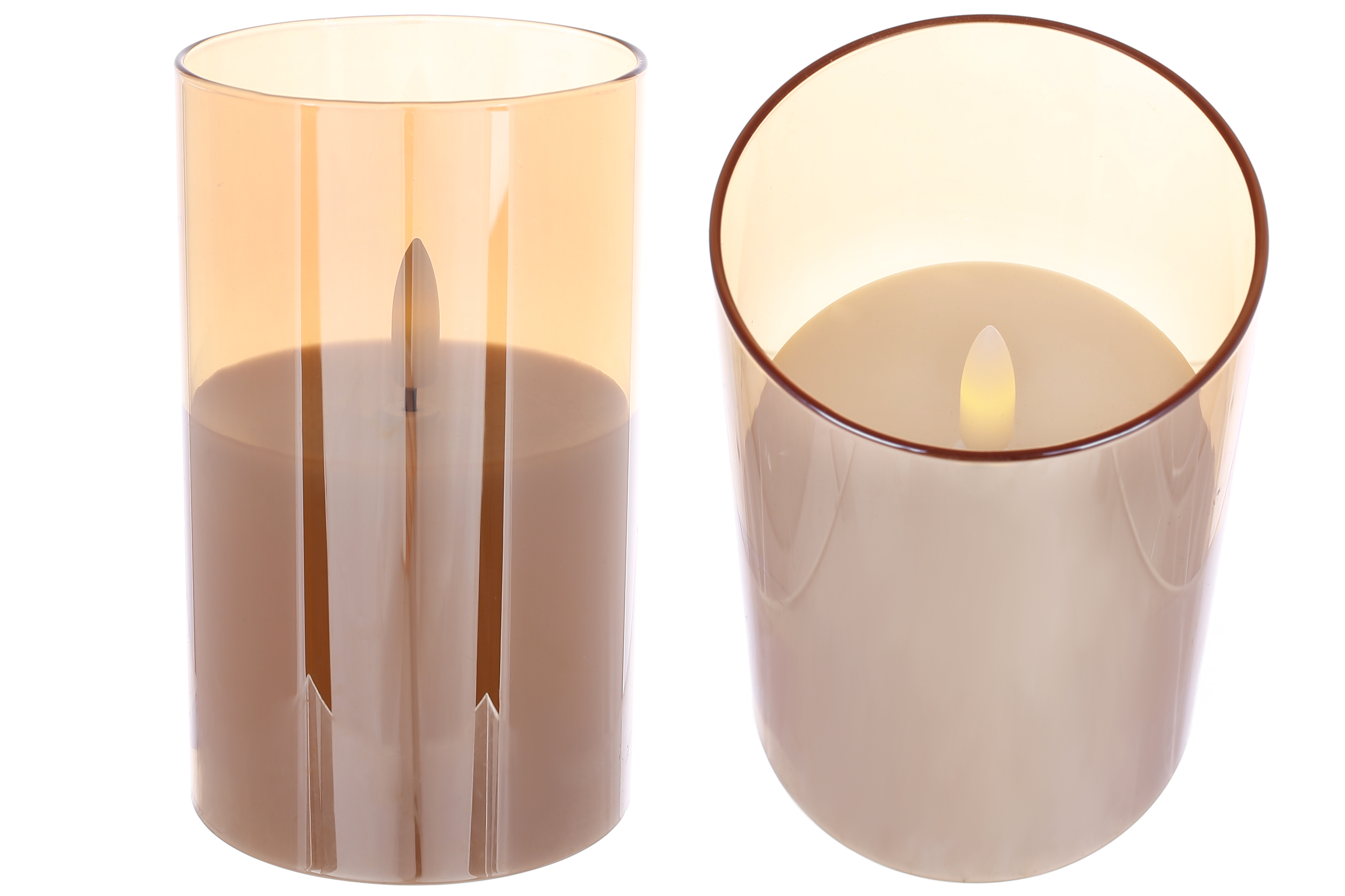 Світлодіодна воскова свічка в скляній колбі 7.5*12.5см з живим полум'ям (2хАА не входять до комплекту), тепле біле світло, колір скла - золотистий амб