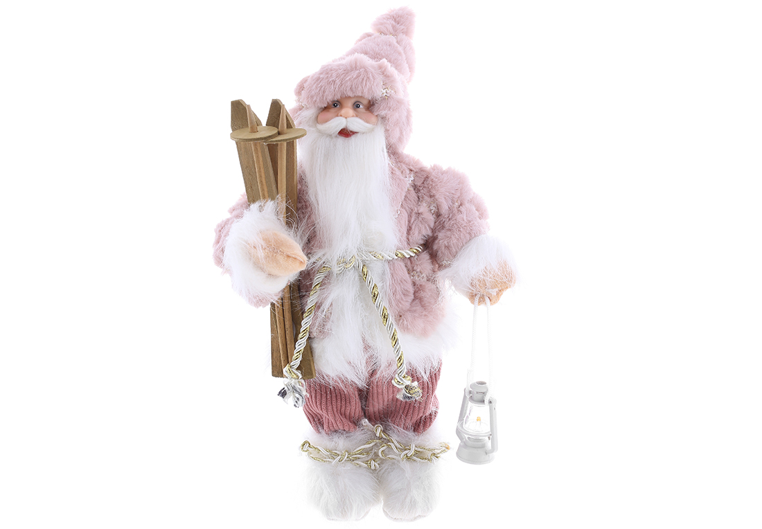 Новорічна фігура Санта з лижами та ліхтариком, 30см, колір - рожевий з білим. NY44-103 оптом