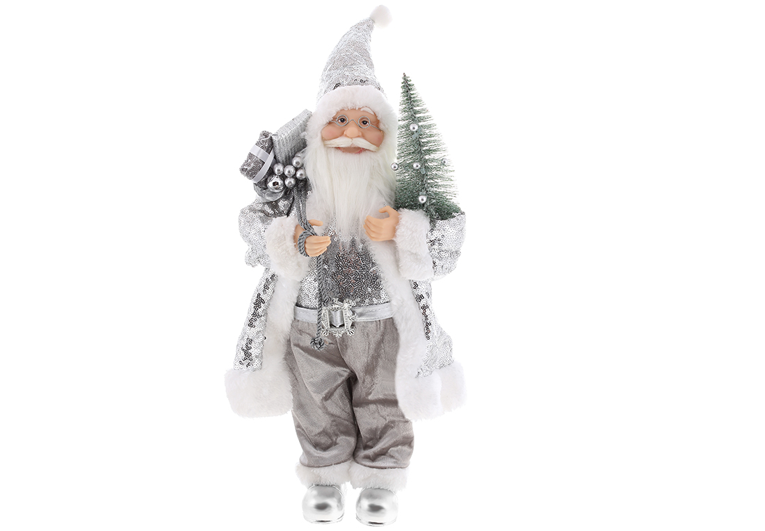 Новорічна фігура Санта з подарунками та ялинкою, 45см, колір - сріблястий з паєтками NY44-124 оптом