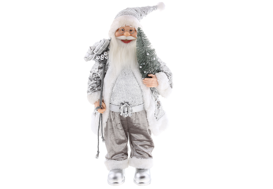 Новорічна фігура Санта з подарунками та ялинкою, 60см, колір - сріблястий з паєтками NY44-125 оптом