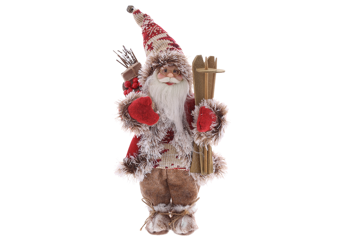 Новорічна фігура Санта з подарунками та лижами, 30см, колір - коричневий з червоним NY44-147 оптом
