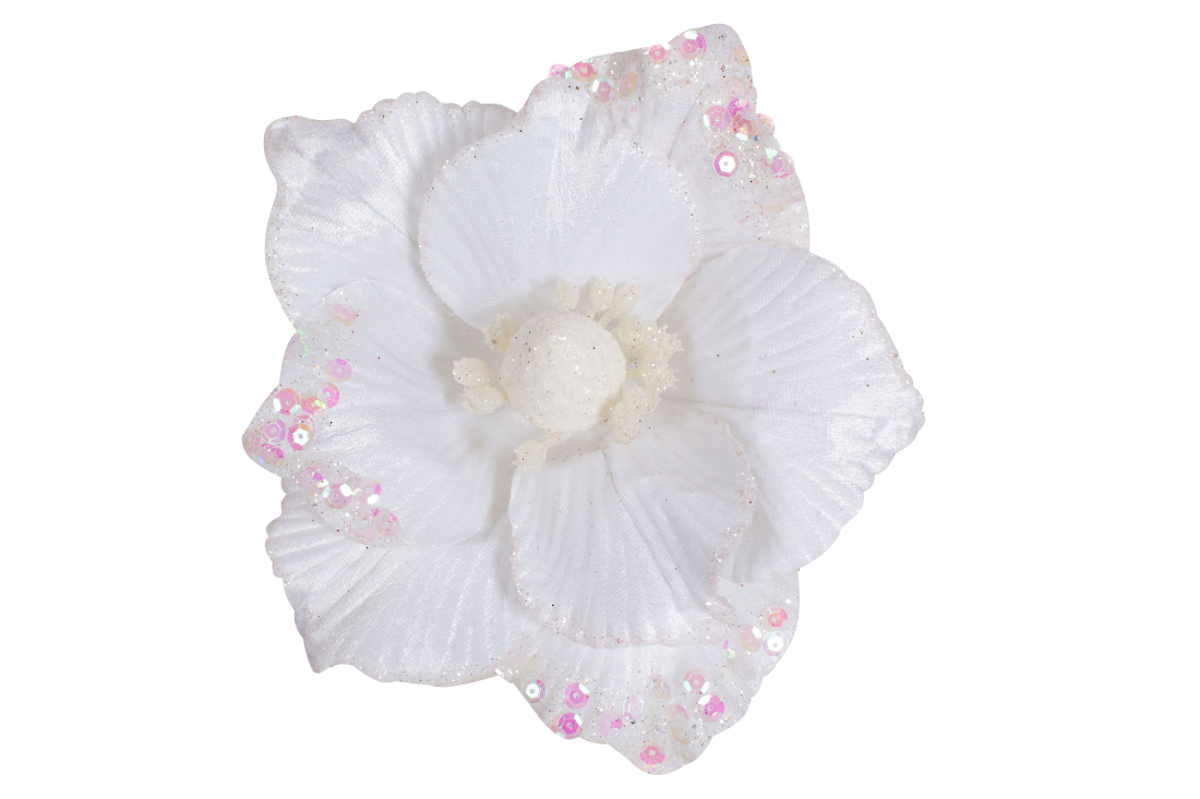 Оксамитова квітка Магнолія D25см, колір - білий з ніжно-рожевими паєтками 839-830 оптом