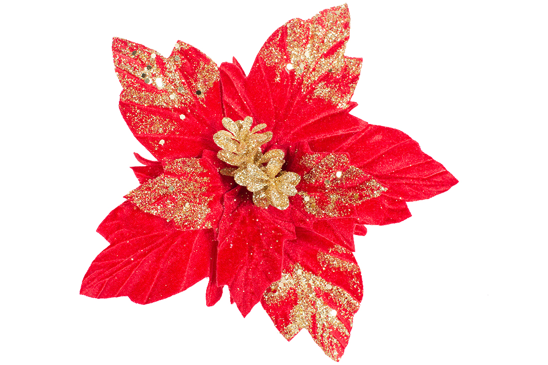 Оксамитова квітка Пуансеттія D26см, колір - червоний із золотим гліттером 839-832 оптом