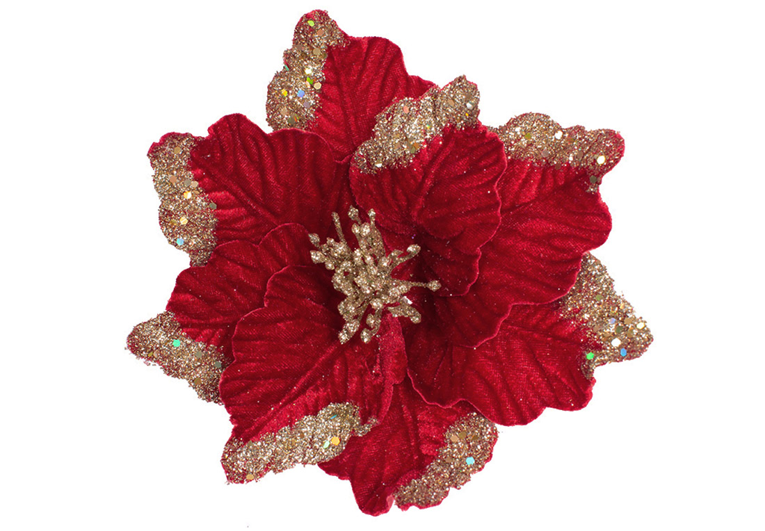 Новорічна оксамитова квітка D25см, колір - червоний із золотом 839-932 оптом