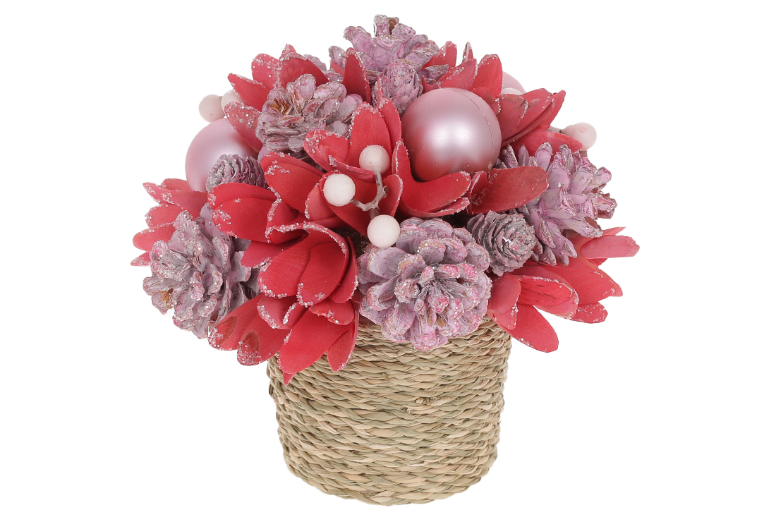 Композиція в горщику новорічна з декором з шишок, куль і ягід, 19см, колір - рожевий з кораловим. RM4-740 оптом