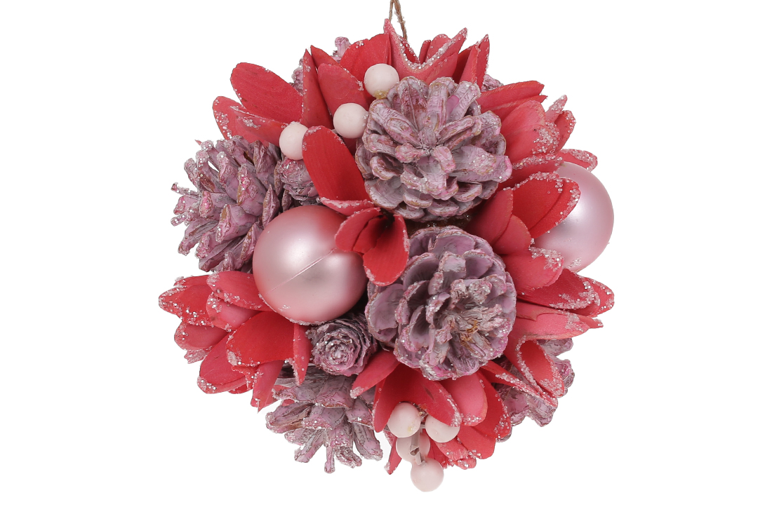 Підвісний декор Куля з шишок, куль і ягід, 14см, колір - рожевий з кораловим RM4-739 оптом