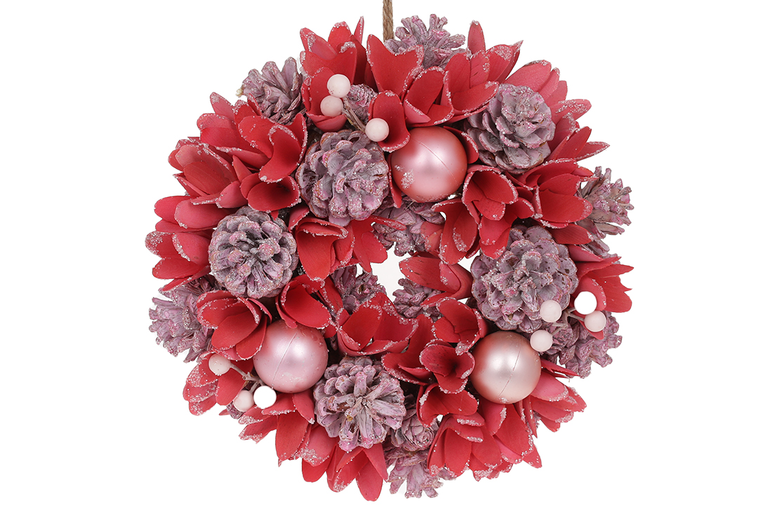 Вінок новорічний з декором з шишок, куль та ягід, 26см, колір - рожевий з кораловим. RM4-741 оптом
