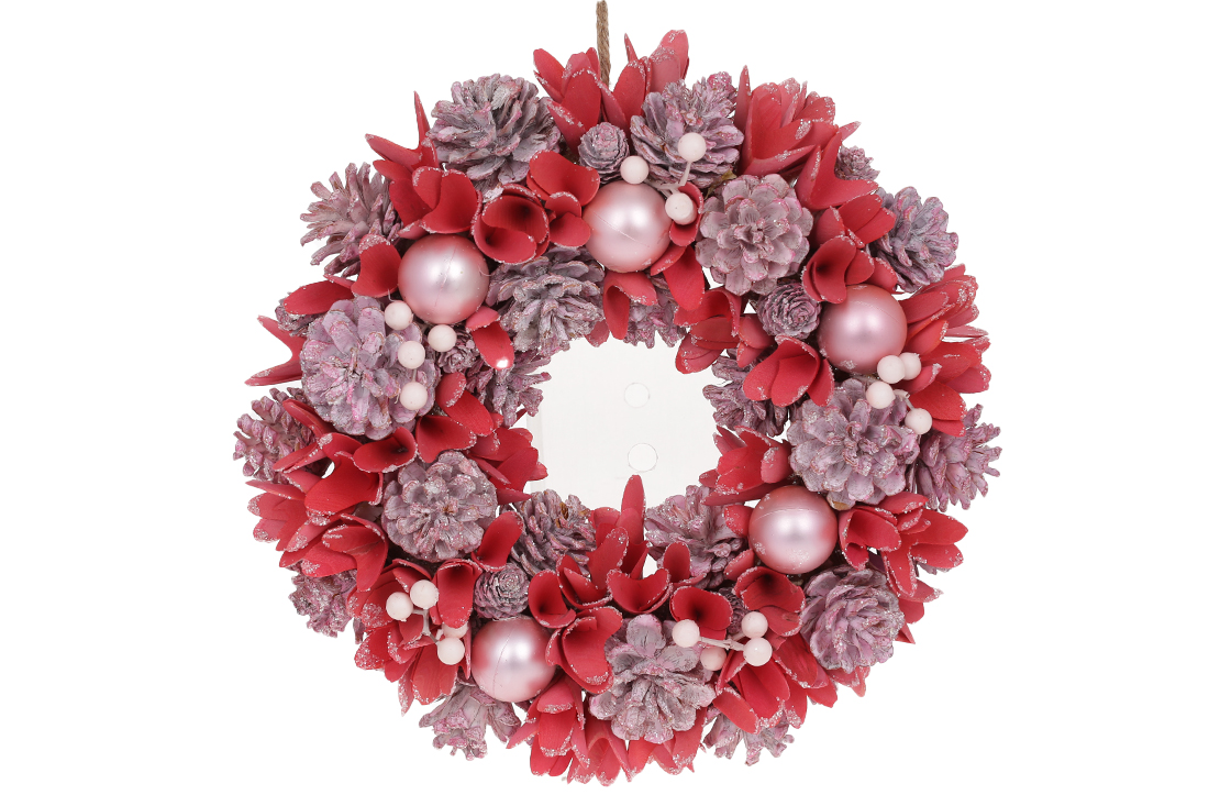 Вінок новорічний з декором з шишок, куль та ягід, 34см, колір - рожевий з кораловим. RM4-742 оптом