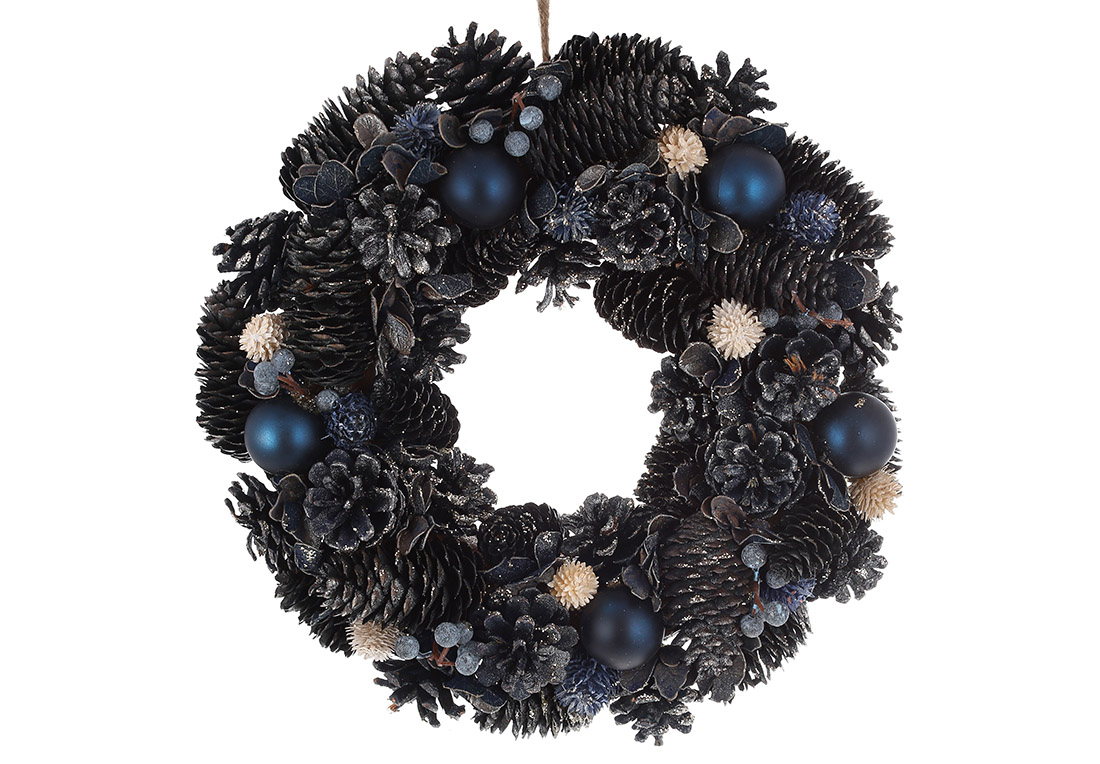Вінок новорічний з шишок, листя та ягід, 35см, колір - морський синій RM7-375 оптом