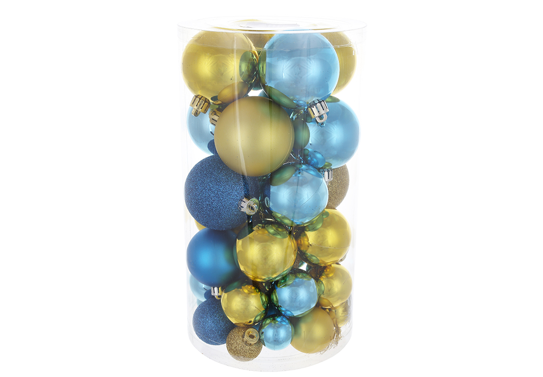 Набір ялинкових куль, колір - синій із золотим, 40шт - 6см, 5см, 4см, 3см: мікс блискучі з гліттерними кулями 47-048 оптом